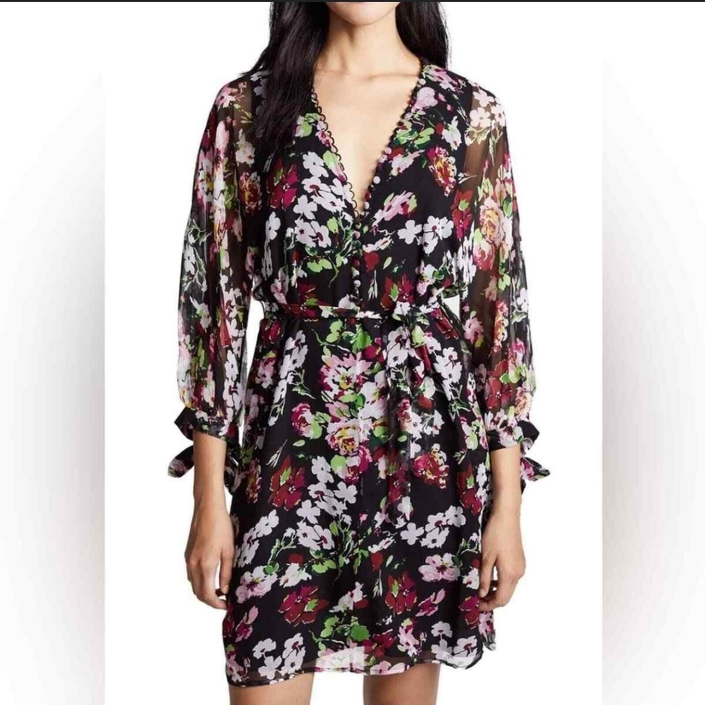 Equipment Femme M Natasha Silk Dark Floral 3/4 Sleeve Romantic Mini Dress